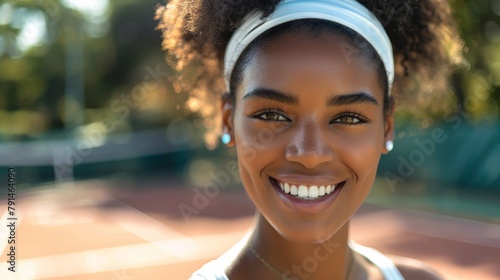 Fit, joyful, and portrait of a lady tennis player training at a stadium. Sport, smiling, and young African female athlete with tournament gear on court.