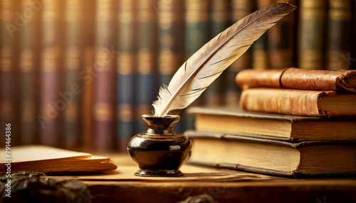 Close-up of an old quill pen and a vintage ink well on a wooden desk in an ancient library with many antique blurred books on background. History, education and literature concept. Generative Ai.