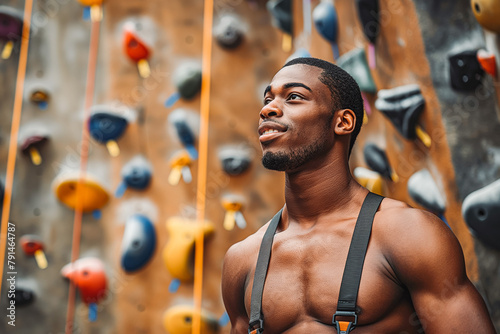 good looking african american man with alpine harness posing near climbing wall and looking away