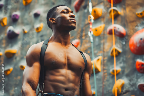 good looking african american man with alpine harness posing near climbing wall and looking away