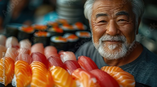A senior Man's contentment savoring a fresh sashimi platter in Okinawa.