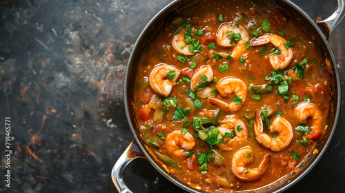 Top view of a traditional New Orleans gumbo with shrimp in a pot on a dark background. French traditional cuisine inspired by Mardi Gras festival