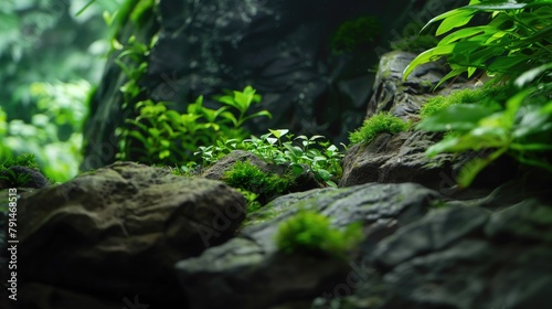 Lush Aquatic Plants Embracing Stone Features in a Peaceful Aquarium settings, A rock covered in green moss and plants