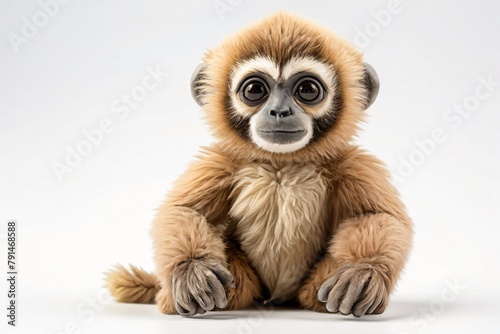 Adorable gibbon stuffed toy sitting, isolated on white background, 3D rendering