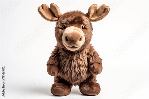 Adorable moose stuffed toy stand on two legs, isolated on white background, 3D rendering