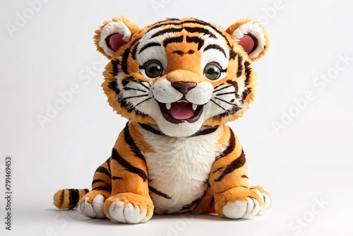 Smile tiger stuffed toy sitting, isolated on white background, 3D rendering