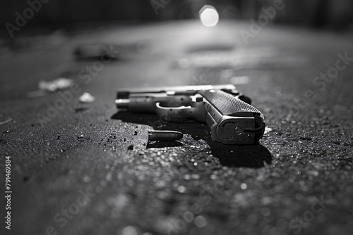 A handgun lies on a textured surface in monochrome, suggesting themes of violence or crime