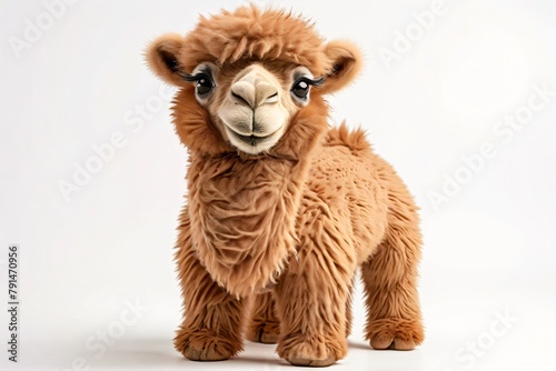 Adorable camel stuffed toy standing, isolated on white background, 3D rendering