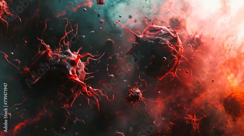 A 3d microscopic view of cancer cells dividing and multiplying uncontrollably, with a dark and ominous background representing the seriousness of the disease. generative ai illustration.