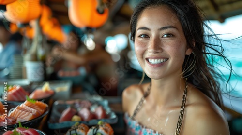 A Woman tasting fresh sashimi right off the boat in Okinawa, Japan.