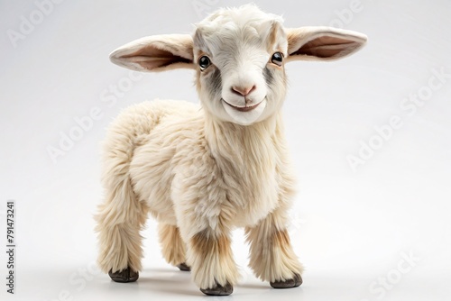 Realistic adorable goat stuffed toy is standing, cute pet concept, isolated on white background