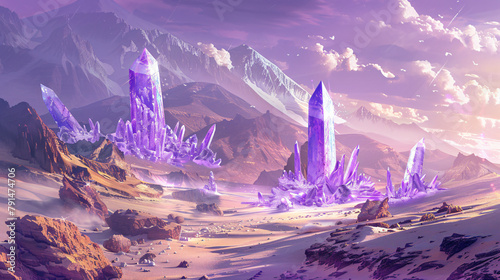 Fantasy landscape with sandy glaciers and purple crystal