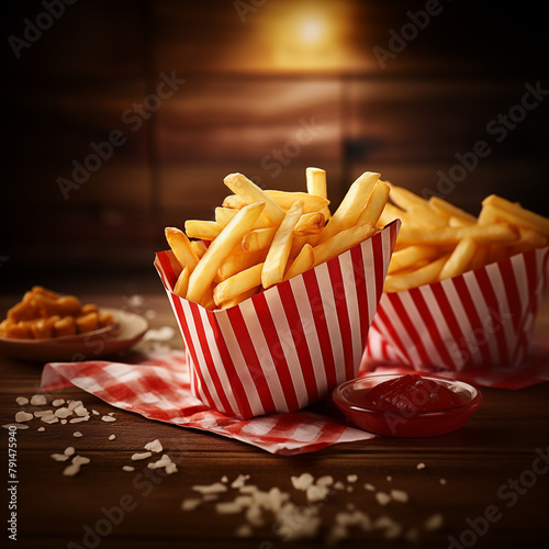 Patatine fritte, fast food, tavolo rustico in legno con sfondo coordinato 