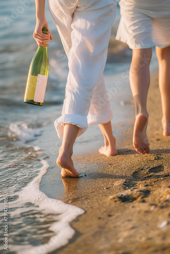 두 명의 여성이 화이트 와인의 병목을 잡고 해변을 걷다