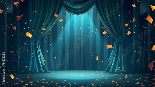 An announcement banner template for a show or festival. Blue draped curtains on a stage, golden confetti floating in the air, glowing text.