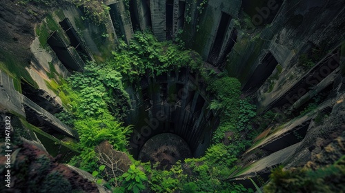hauntingly beautiful shot of abandoned mine shafts, now reclaimed by nature, serving as a poignant reminder of the passage of time and the resilience of the earth.