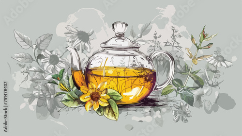 Colorful drawing of teapot transparent cup and origin