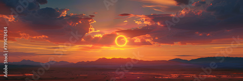wide shot of open landscape at dawn, bright orange yellow neon shape floating in the center in the distance, mountains far away, mesmerizing clouds, god rays