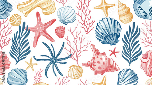 Colorful seamless pattern with seashells starfish