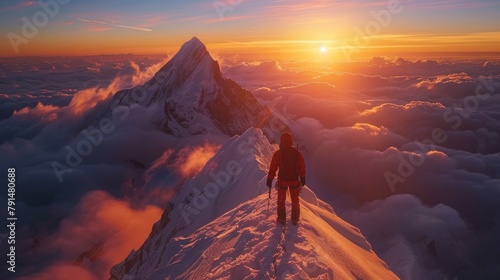 A climber reaching a snowy mountain summit at sunrise with clouds below.