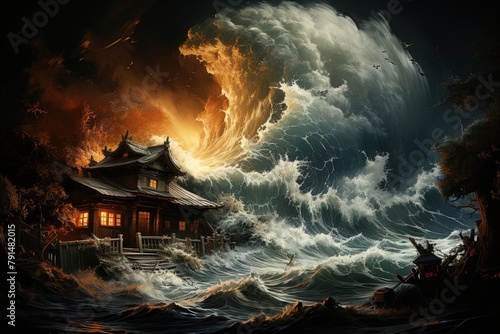 A tsunami wave crashing into a house, with the water engulfing the structure and creating chaos and destruction.