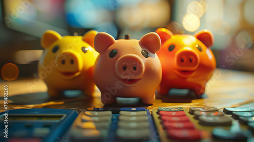 Savings and budgeting, with piggy banks and calculators, to portray the personal side of finance, emphasizing frugality, planning, and the practical aspects of monetary stewardship