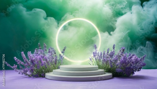 ai generative of lavender with stage, green clouds and smoke, stage