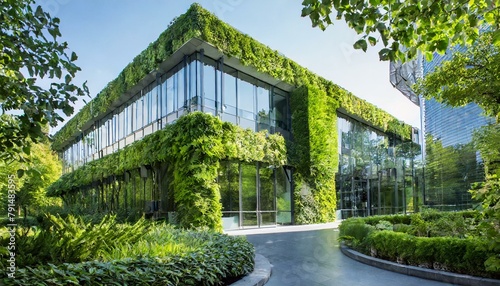 Green Oasis: Modern home Sustainable Office Building with Lush Green Walls greenland background