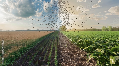 A composite image showing the impact of a locust swarm on a field of crops, with one side lush and green and the other completely decimated.