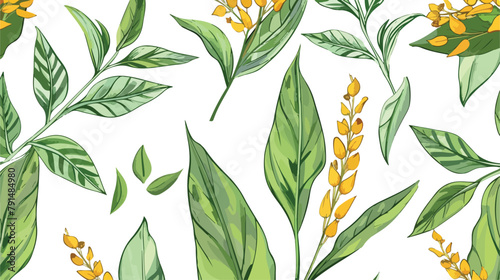 Botanical seamless pattern with green turmeric leaves