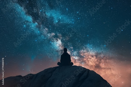 Silhouetted figure meditating under a star-filled sky on a serene night