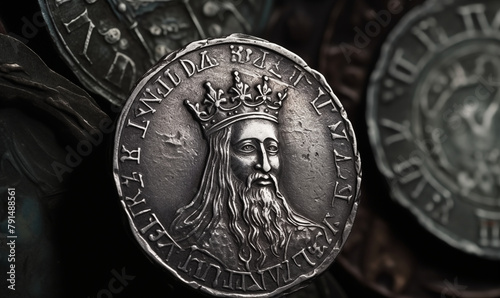 Old medieval coin, face of king on old silver money, close up, panoramic view, generated ai