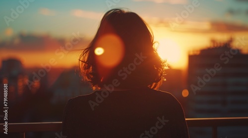 Woman contemplating the cityscape at sunset, skyscrapers and vibrant skies