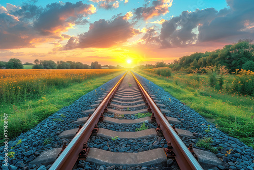 Sunset over trains road. Rails on stone embankment. Place for trains with picturesque scenery. Railway track