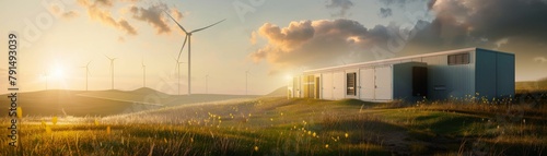 Green technology through a state-of-the-art battery storage system, surrounded by wind turbines