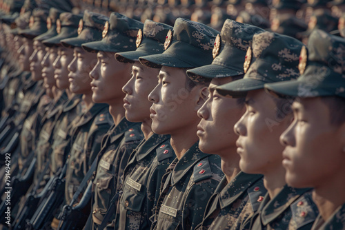 Profile view of chinese soldiers in uniform lined up in a military parade