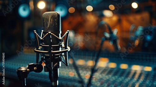 Professional studio microphone set against a vibrant sound mixing board