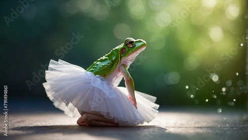 A green frog wearing a white tutu poses gracefully with a bokeh light background, fairy tale vibes