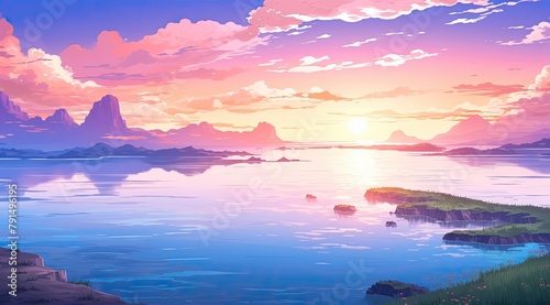 Serene pastel sunset over tranquil archipelago waters