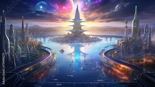 Conceptual art of a futuristic water city from above, shimmering lights in a spectrum of colors