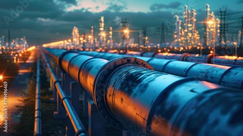 Industrial dusk landscape with a glowing oil pipeline leading to an illuminated refinery against a twilight sky