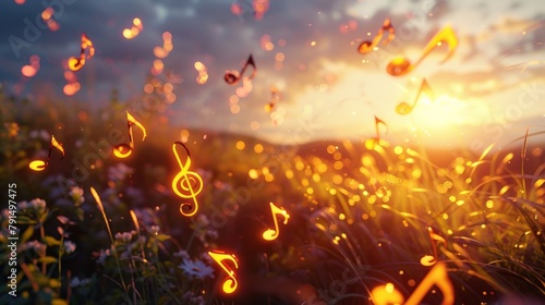 Sunset serenade with glowing musical notes floating over a wildflower meadow, a symphony of light and music
