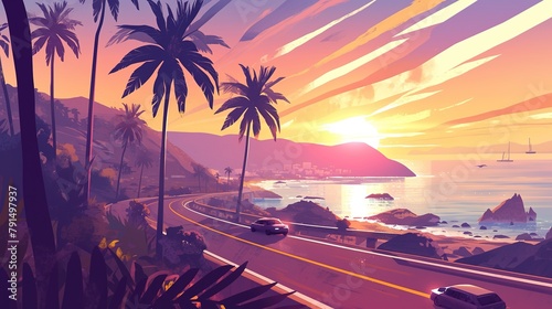 highway landscape at colorful sunset. road view on mediterranean coast of spain. coastal road landscape beautiful nature scenery. car driving on mountain road by the sea. summer vacation on the