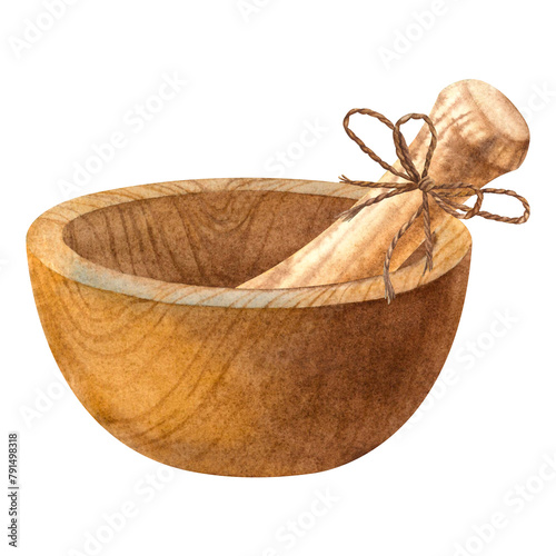 Wooden mortar and pestle with tied bow for beauty products, cosmetology. Hand drawn watercolor illustration of kitchen utensil isolated on background. For for alternative medicine, natural cosmetic.