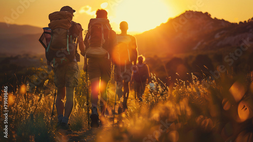 Friends walking with backpacks in sunset. 