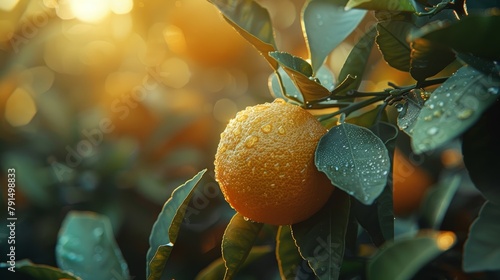 Sun-kissed dewy oranges hanging on lush tree captured in a vibrant orchard