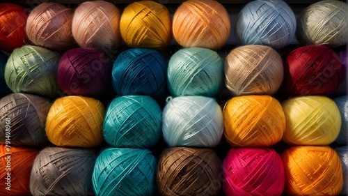 Background from colored yarn. Balls of thread close-up. Materials for needlework. Rack with yarn in the store. Shelf with multi-colored threads for knitting