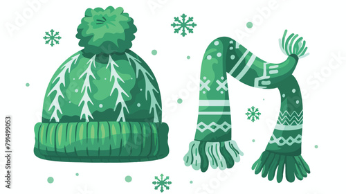 Cute green childish bobble hat and scarf vector flat