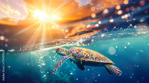 A turtle swimming in the ocean with the sun shining on it