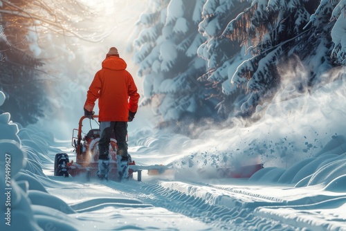 An individual in a red coat clears a snow-laden path in the forest using a powerful snowblower